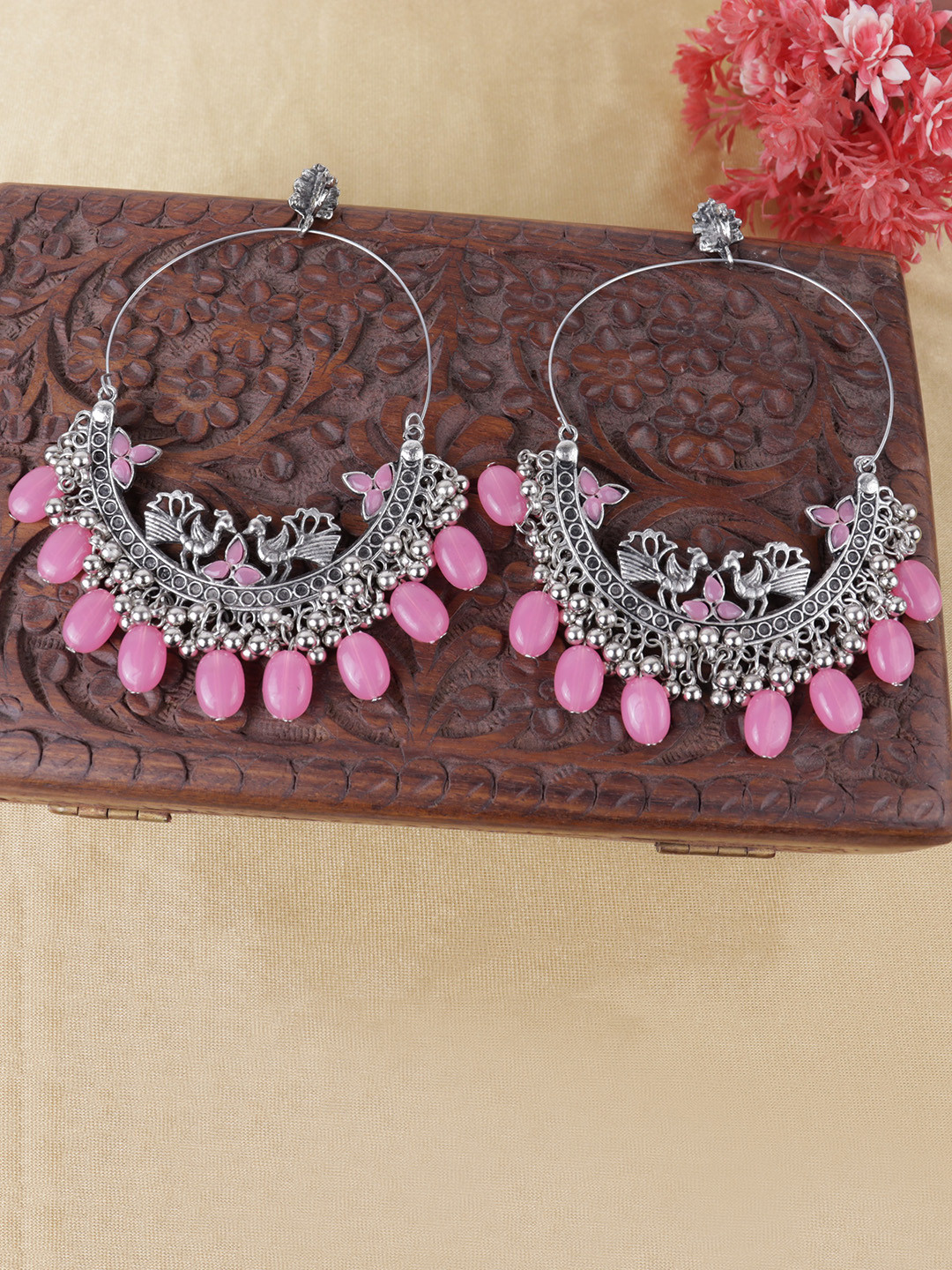 

VAGHBHATT Oxidised Circular Drop Earrings, Pink