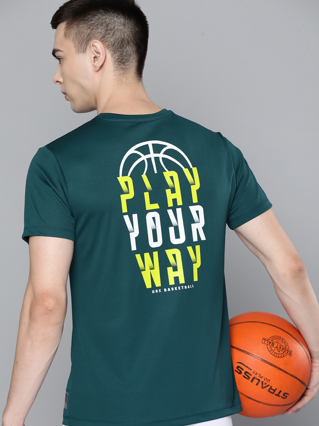 

HRX by Hrithik Roshan Men Printed Basketball Rapid-Dry T-shirt with Reflective Detail, Teal