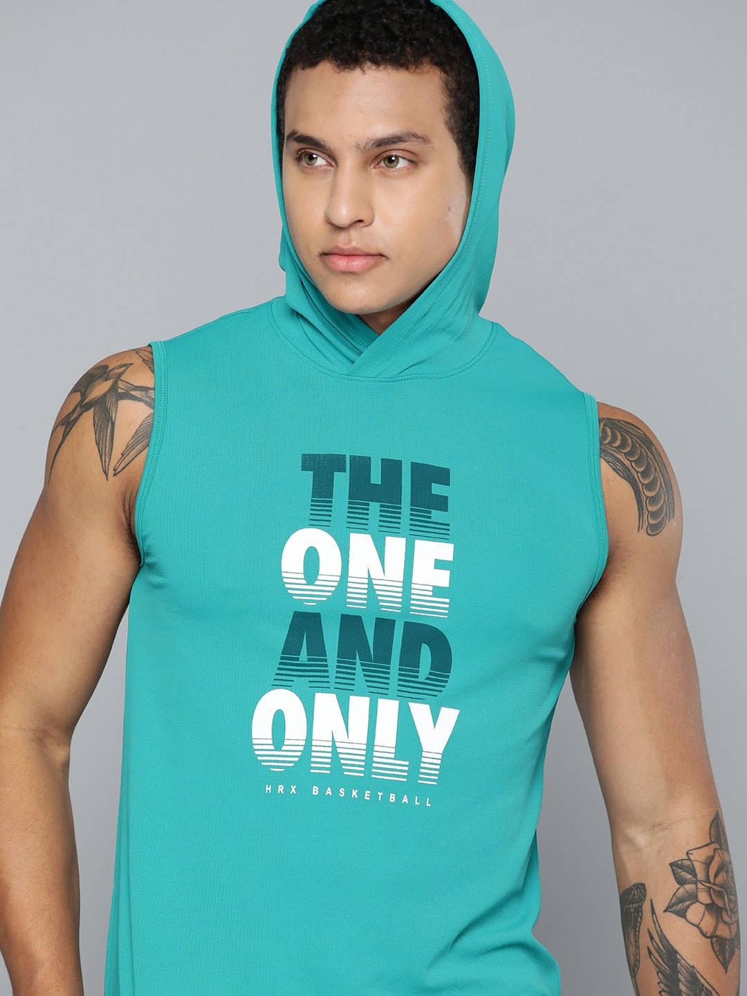 

HRX by Hrithik Roshan Typography Printed Hooded Basketball T-shirt, Turquoise blue