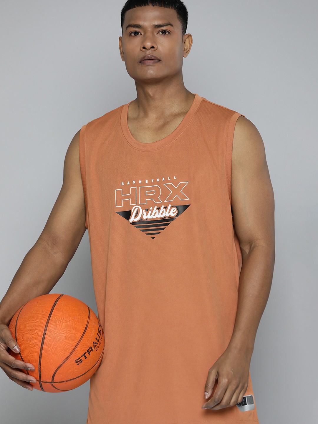 

HRX by Hrithik Roshan Brand Logo Printed Antimicrobial Finish Rapid-Dry Basketball T-shirt, Rust