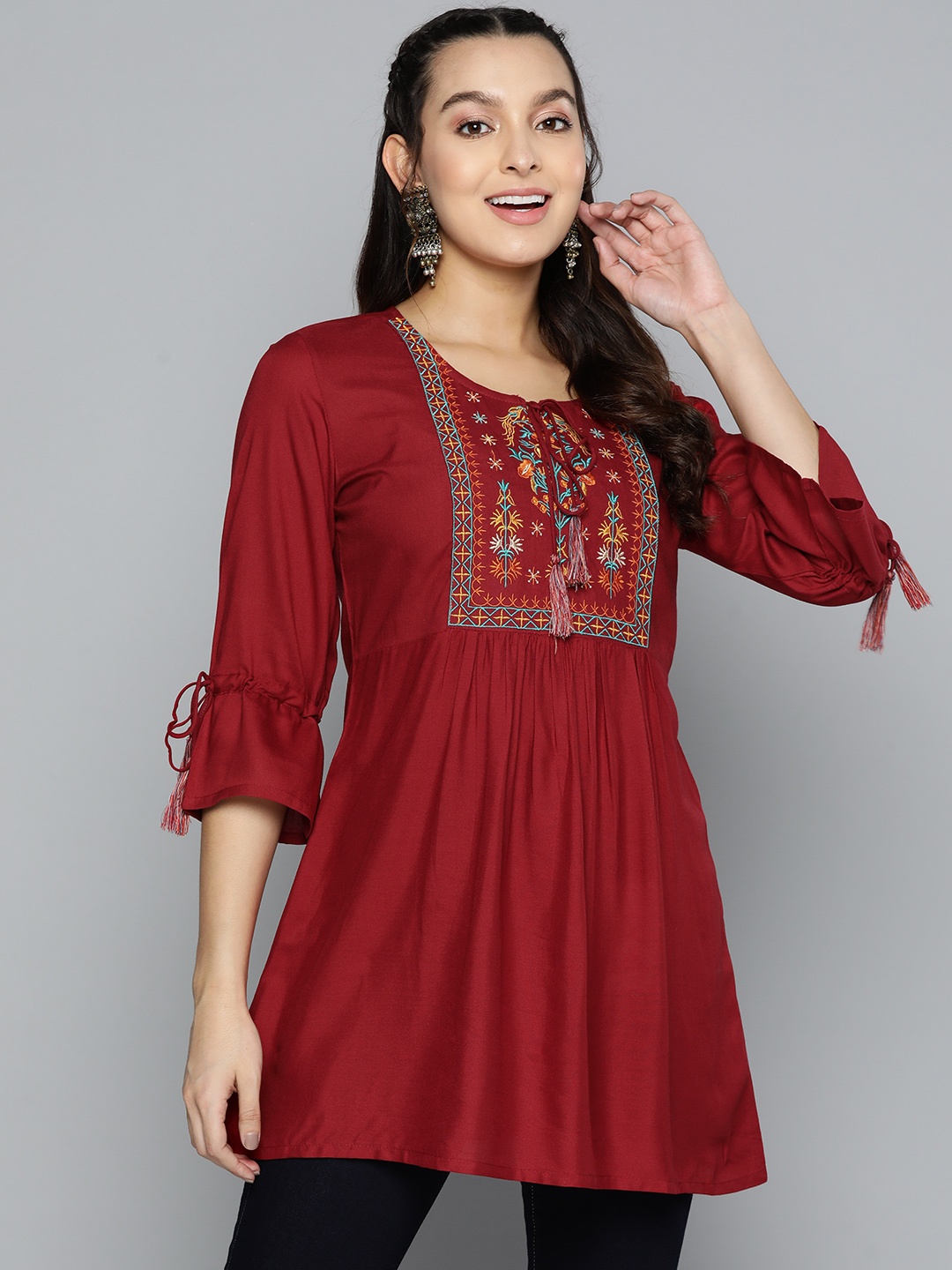 

HERE&NOW Embroidered Yoke A-Line Kurti, Red