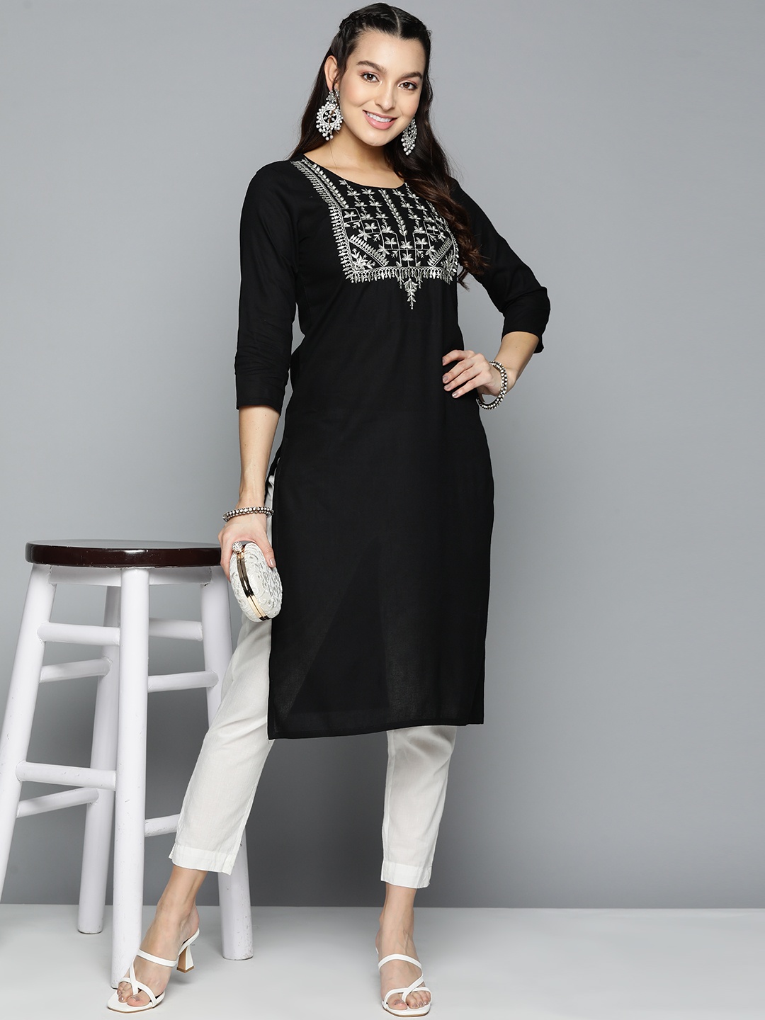 

HERE&NOW Ethnic Motifs Embroidered Kurta, Black