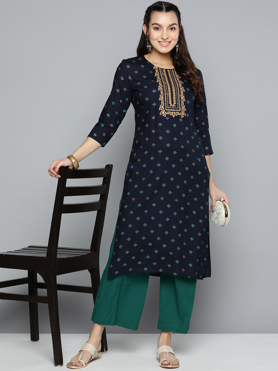

HERE&NOW Ethnic Motifs Printed Thread Work Detailed Embroidered Kurta, Navy blue