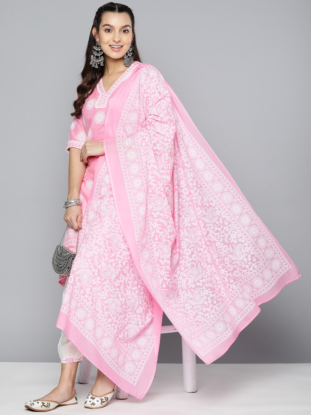 

HERE&NOW Ethnic Motifs Printed Pom-Pom Detailed Pure Cotton Kurta With Salwar & Dupatta, Pink