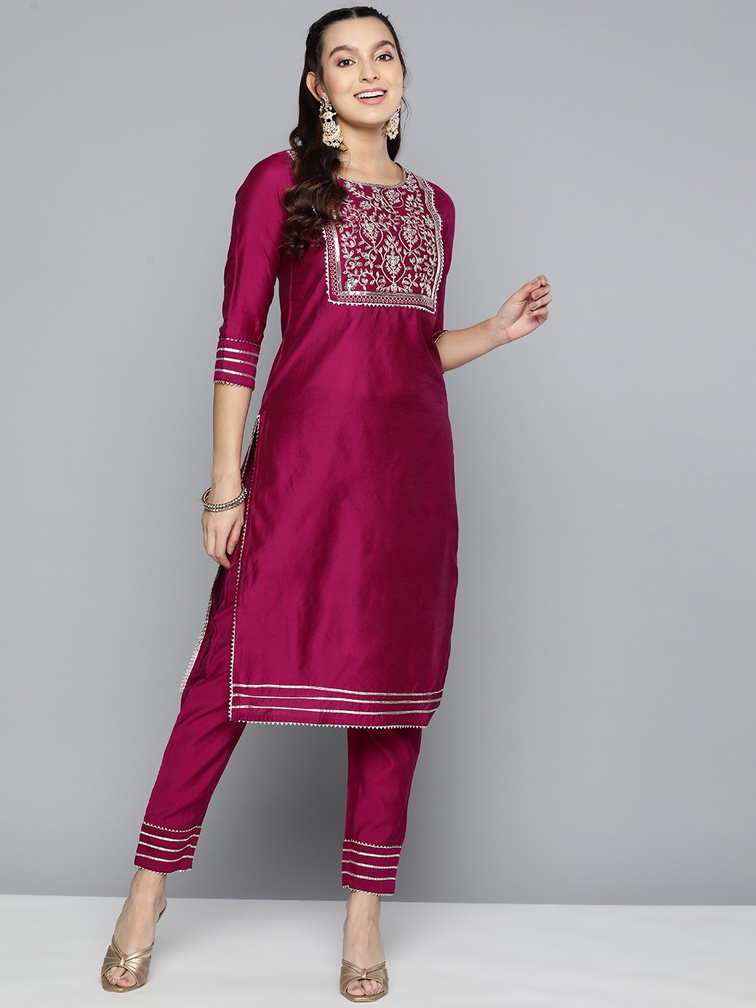 

HERE&NOW Yoke Design Gotta Patti Detailed Embroidered Kurta with Trousers, Magenta