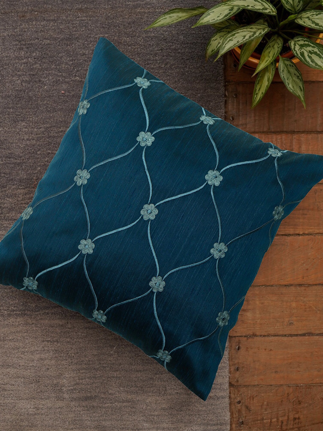 

ZEBA Blue Embroidered Square Cushion Cover