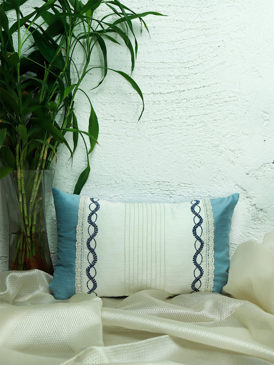

ZEBA Beige & Blue Embroidered Rectangle Cushion Cover