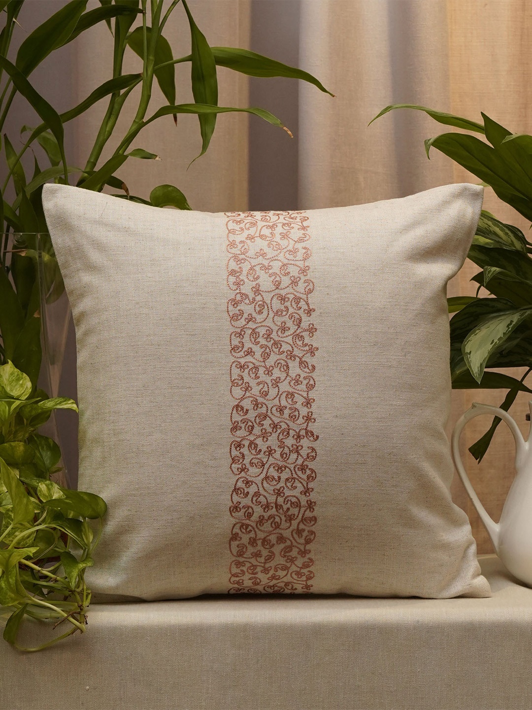 

ZEBA Off White & Brown Embroidered Square Cushion Cover