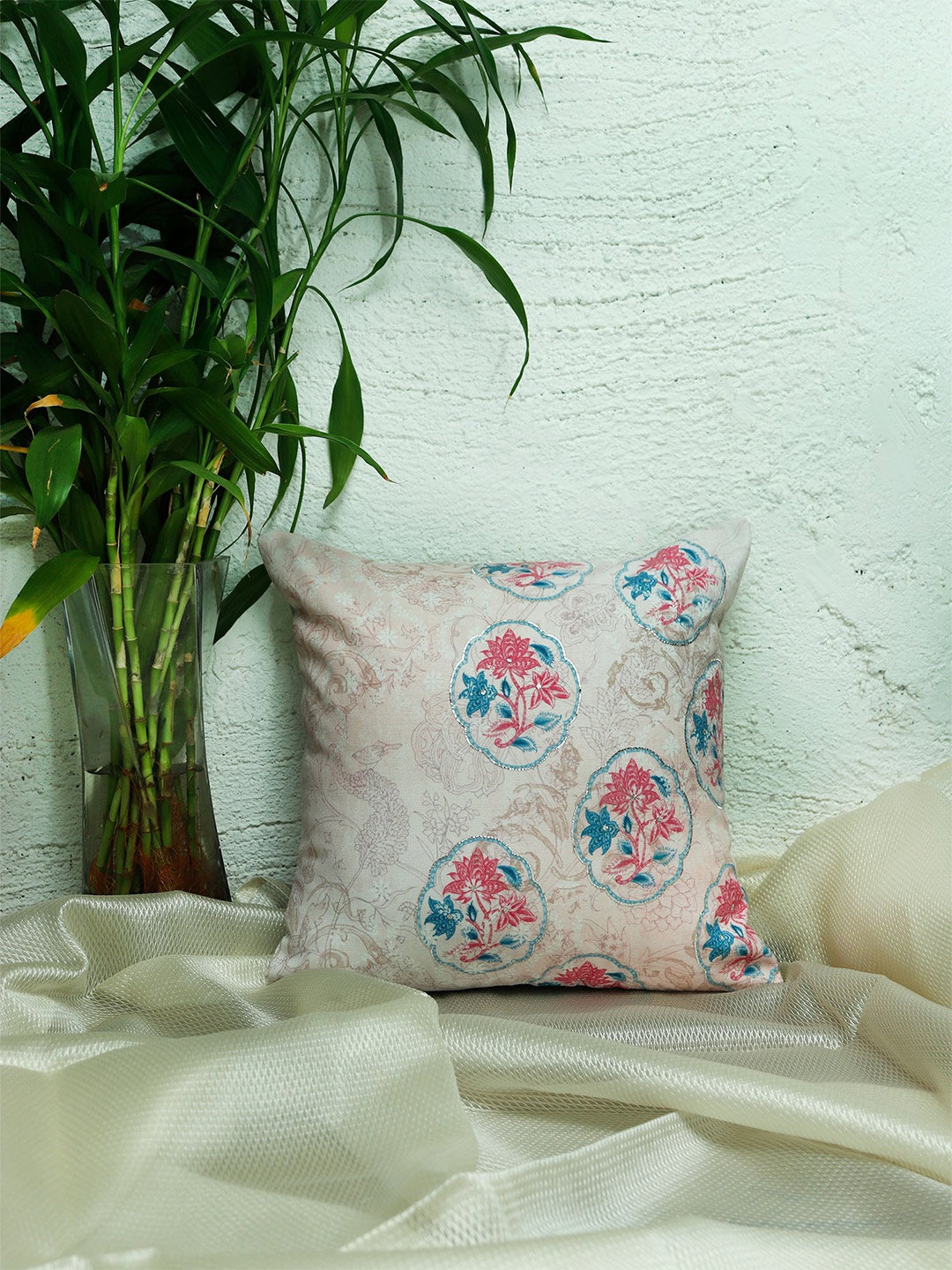 

ZEBA Pink & Green Floral Square Cushion Cover