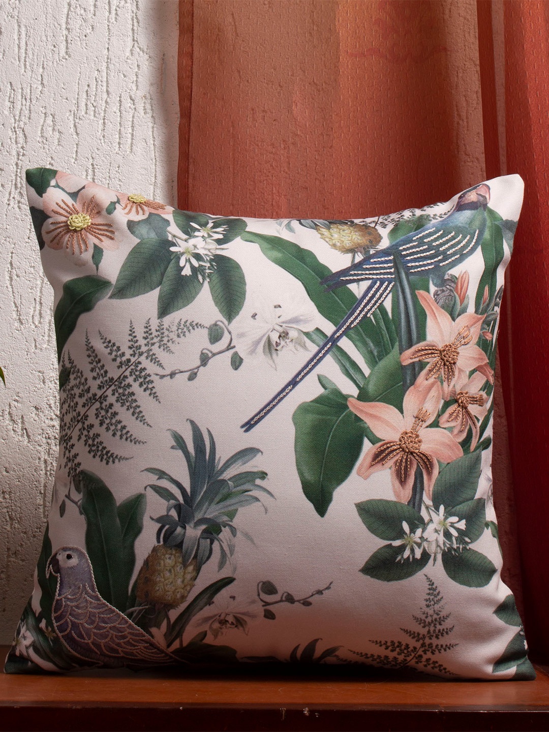 

ZEBA White & Green Floral Square Cushion Cover