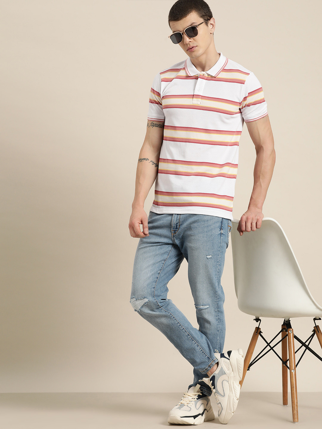 

Moda Rapido Men Striped Polo Collar T-shirt, White