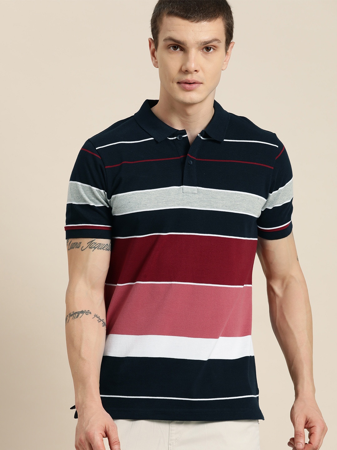 

Moda Rapido Men Striped Polo Collar T-shirt, Navy blue