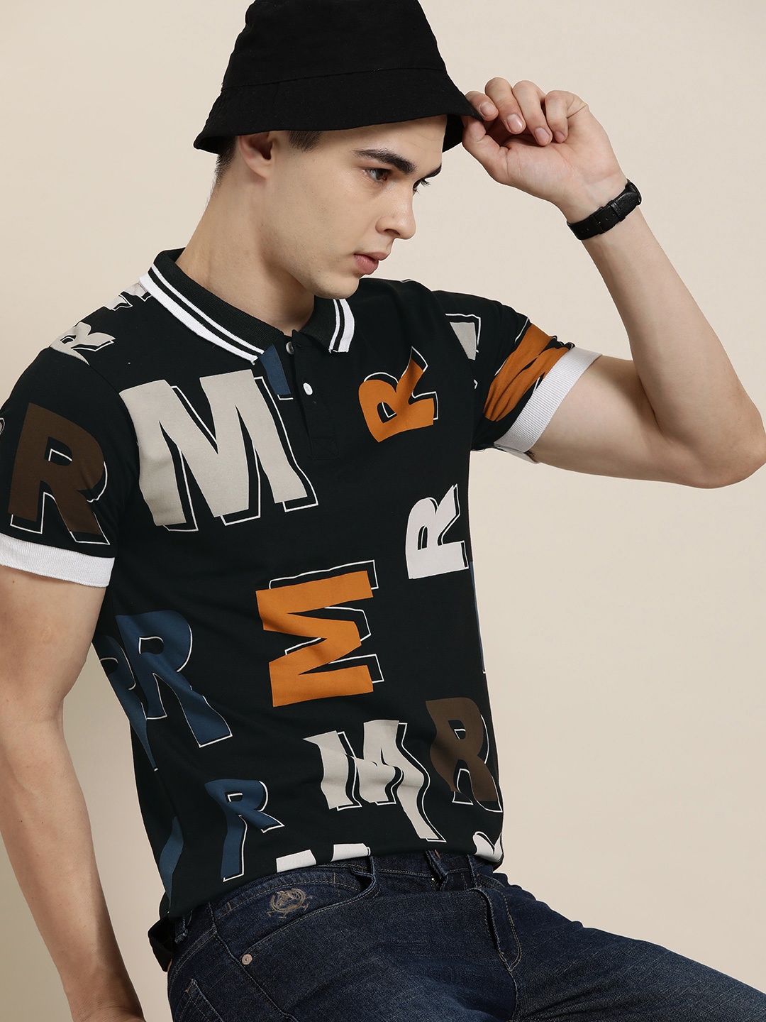 

Moda Rapido Men Pure Cotton Typography Printed Polo Collar T-shirt, Navy blue