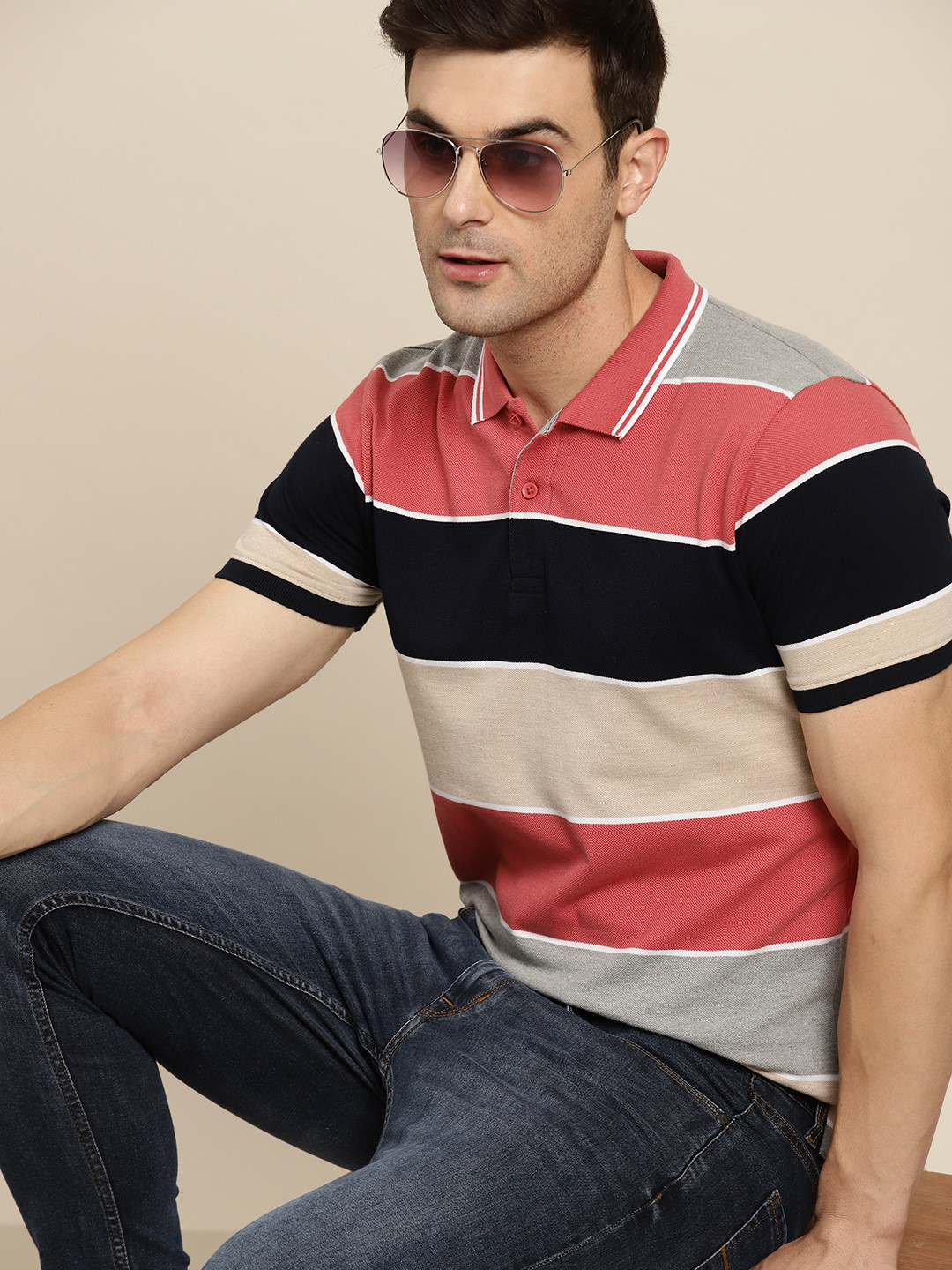

Moda Rapido Striped Polo Collar T-shirt, Peach