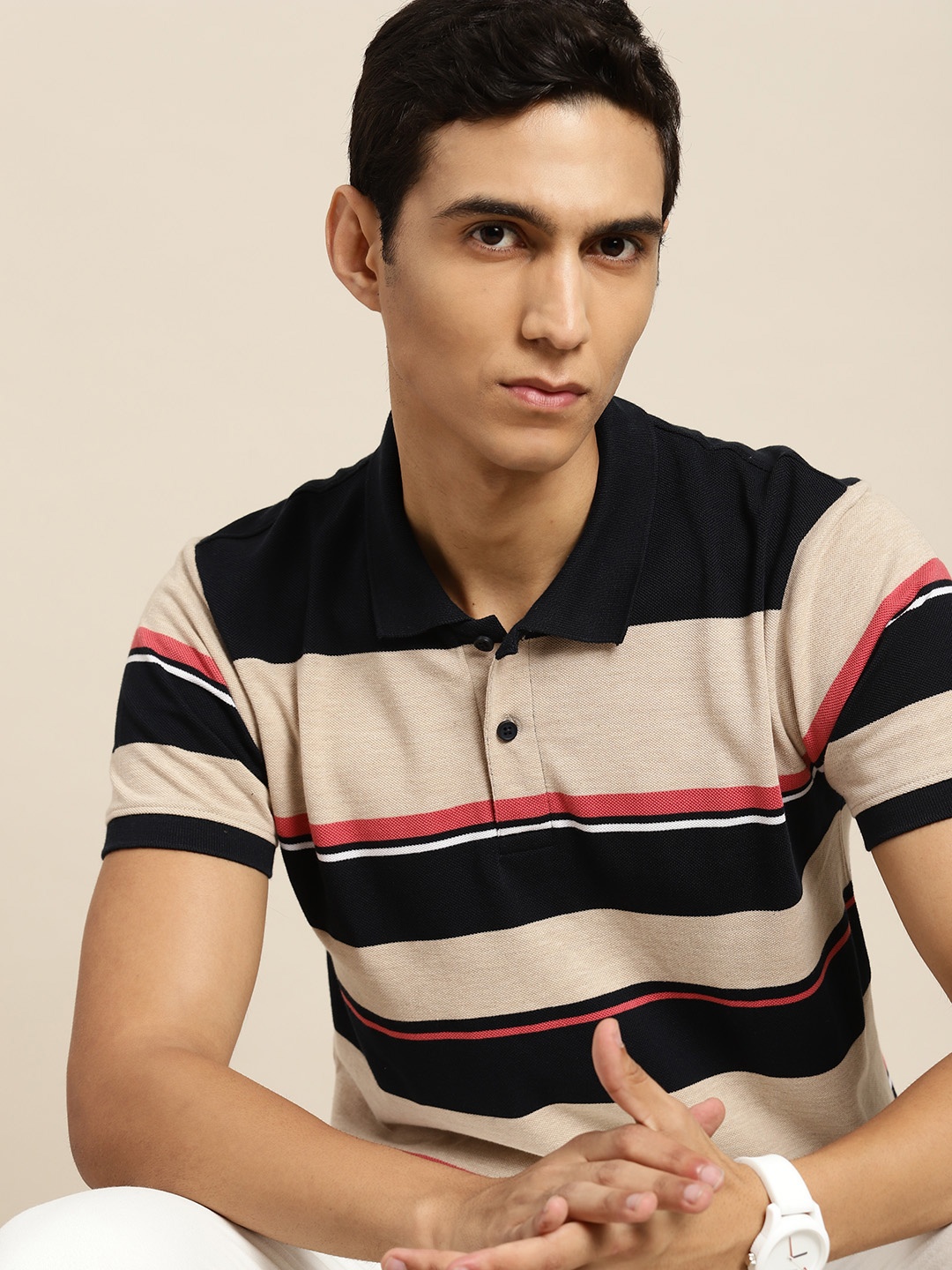 

Moda Rapido Striped Polo Collar T-shirt, Beige