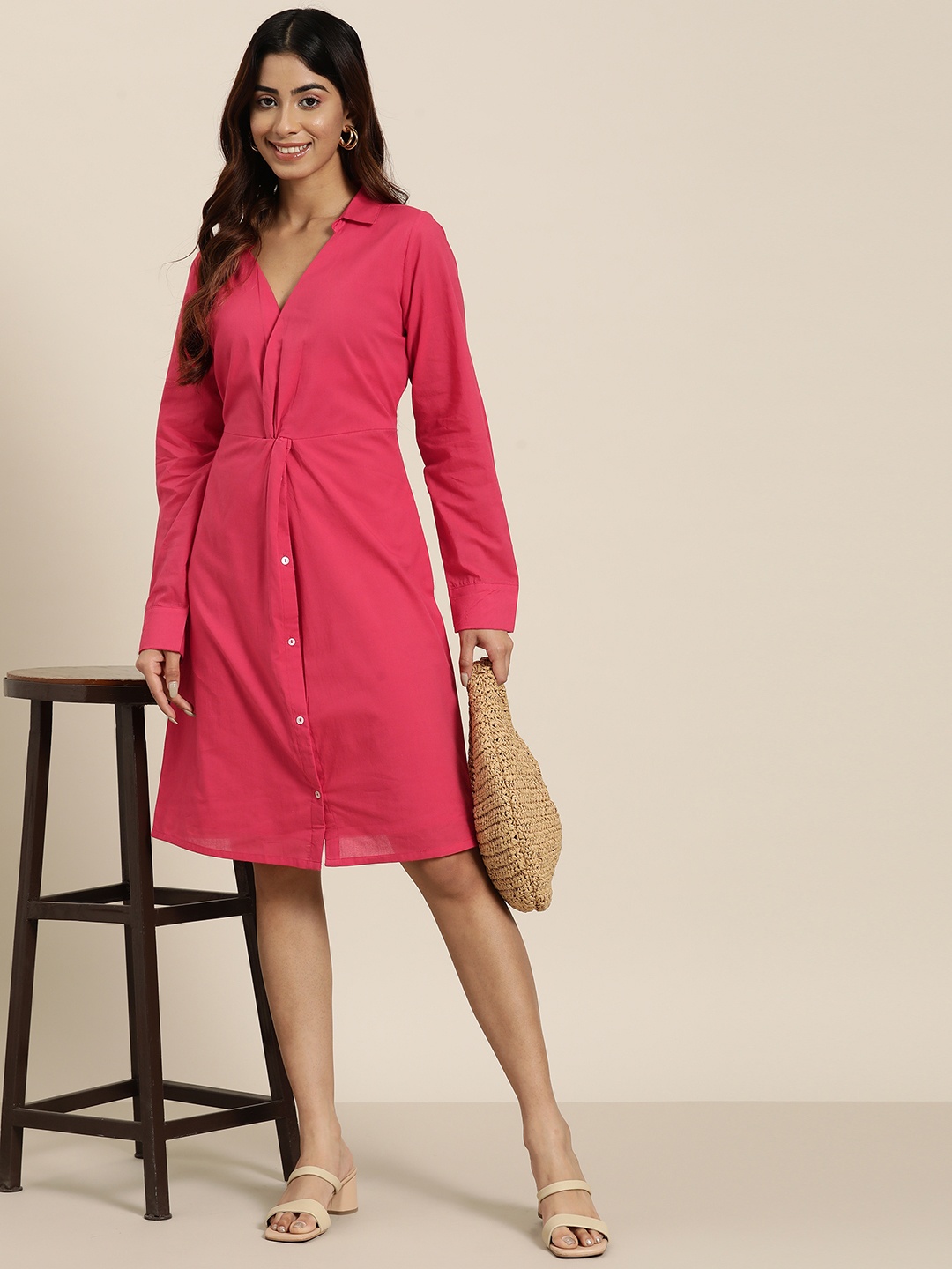 

HERE&NOW Cotton Wrap Shirt Dress, Pink