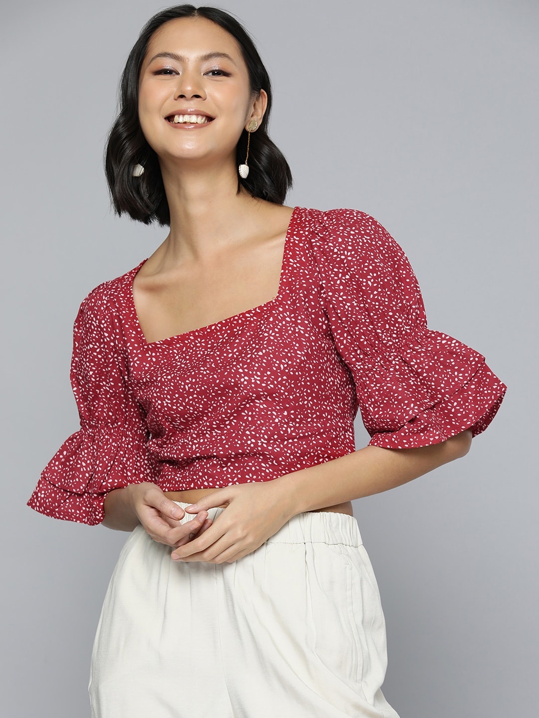 

HERE&NOW Pure Cotton Square Neck Printed Crop Top, Red