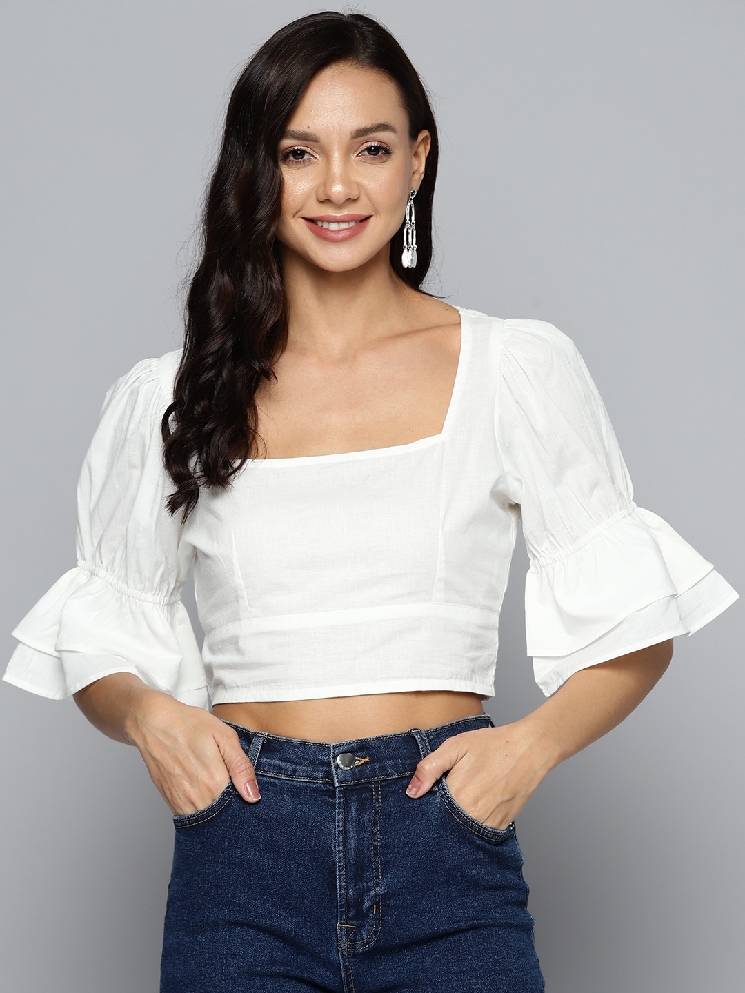 

HERE&NOW Square Neck Bell Sleeve Crop Top, White