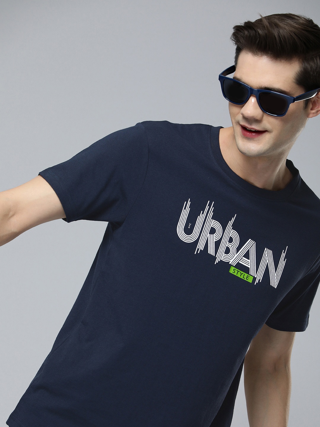 

HERE&NOW Men Typography Printed Round Neck T-shirt, Navy blue