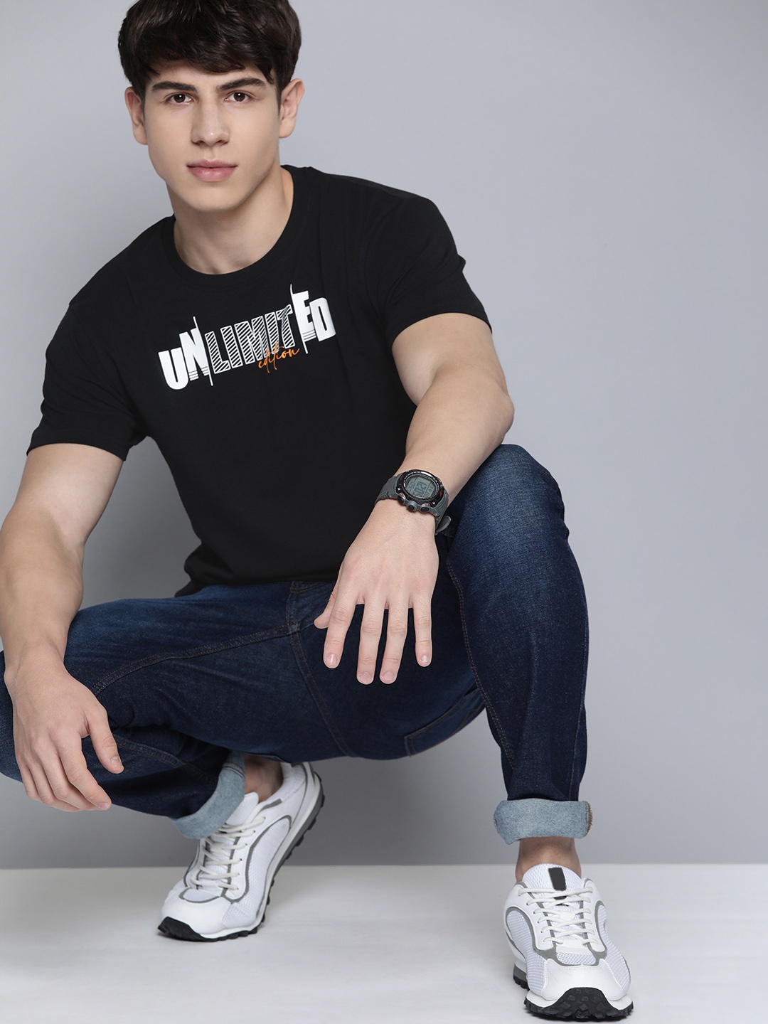 

HERE&NOW Men Typography Printed Round Neck T-shirt, Black