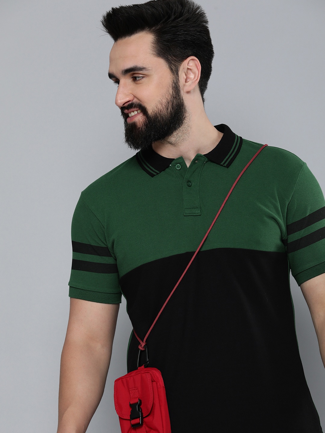 

HERE&NOW Colourblocked Polo Collar Pure Cotton T-shirt, Black