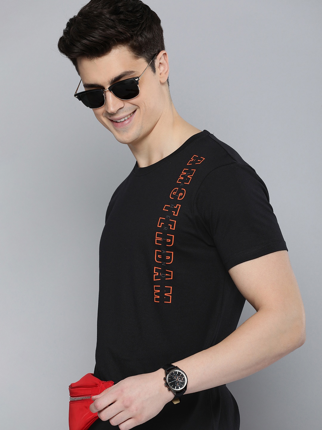 

HERE&NOW Typography Printed Pure Cotton Casual T-shirt, Black