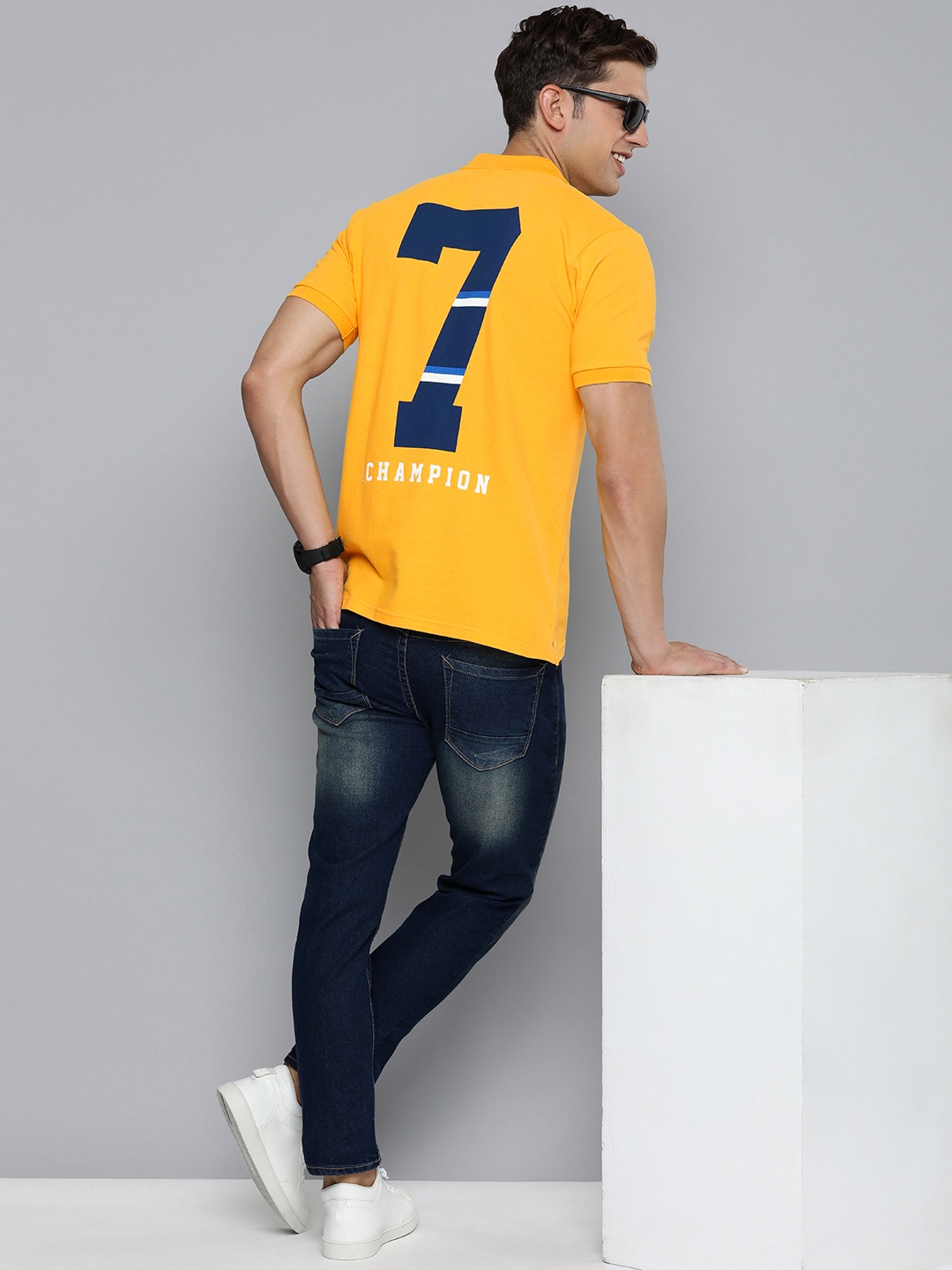 

HERE&NOW Varsity Printed Polo Collar Pure Cotton T-shirt, Yellow