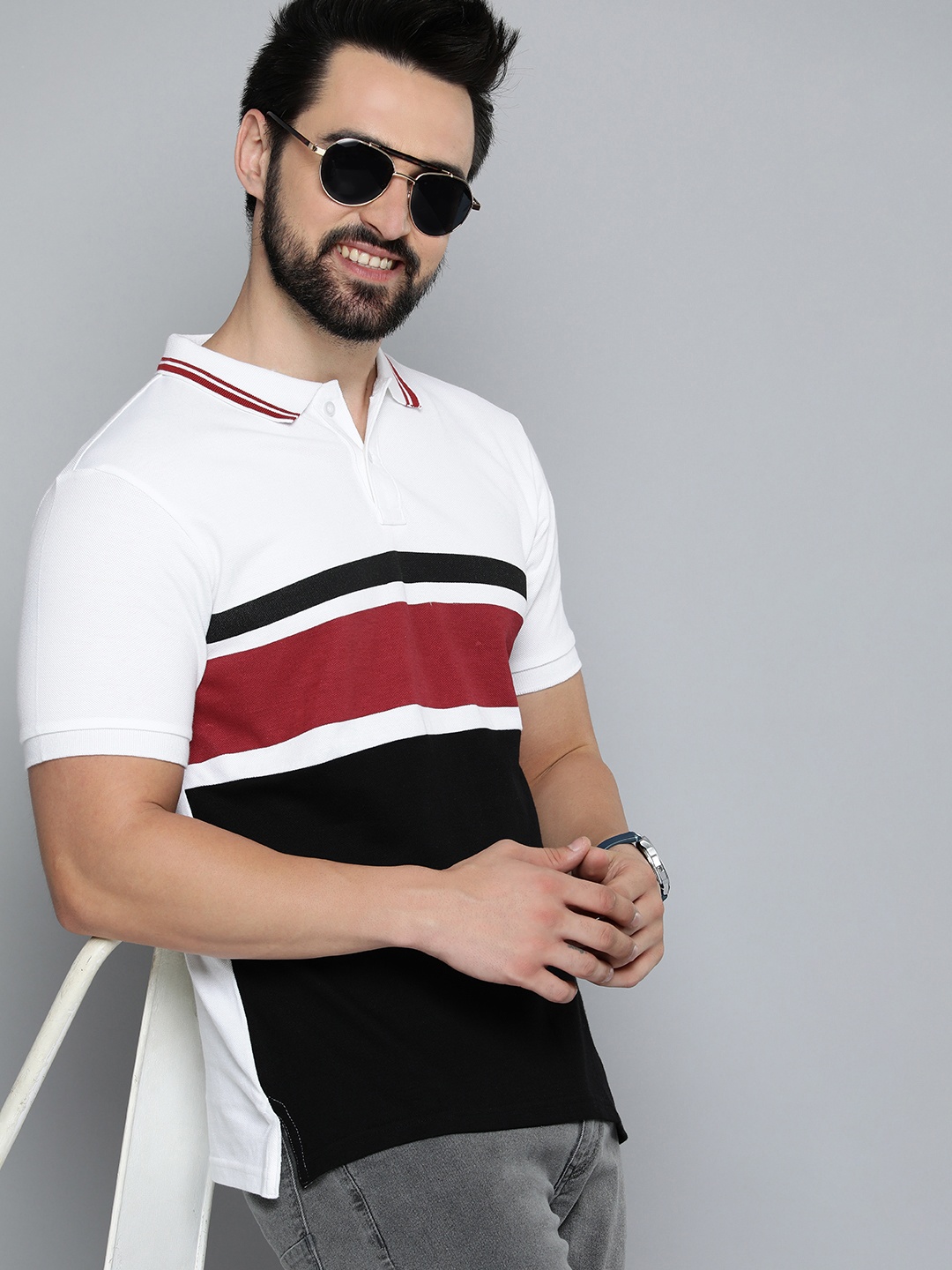 

HERE&NOW Men Colourblocked Polo Collar Pure Cotton T-shirt, White