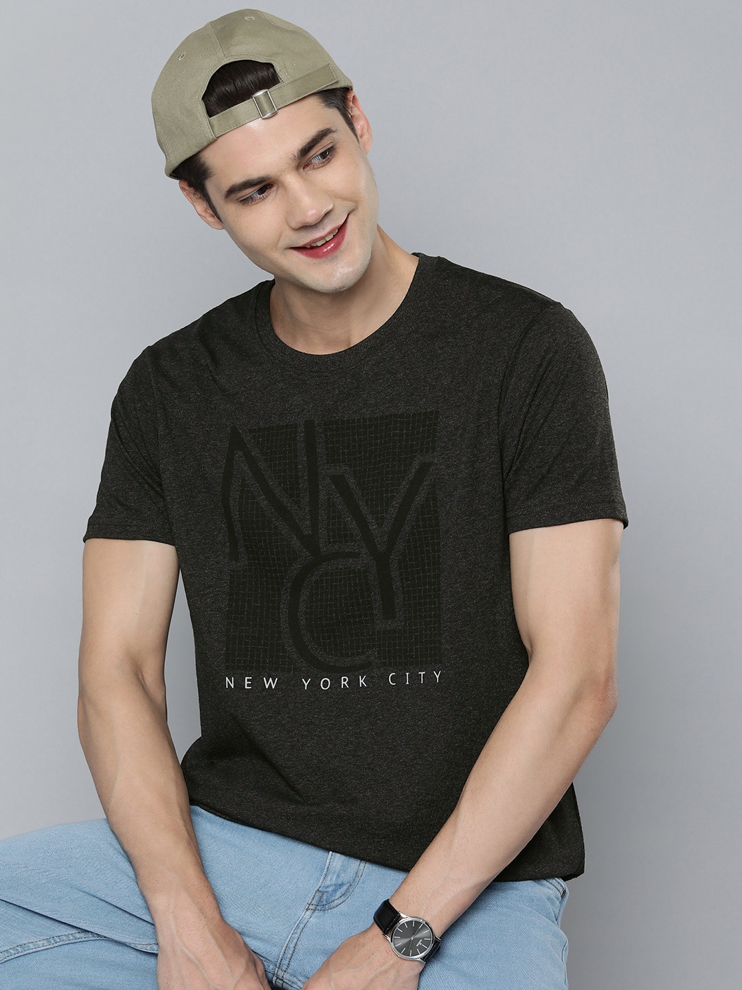 

HERE&NOW Men Graphic Printed Round Neck T-shirt, Charcoal