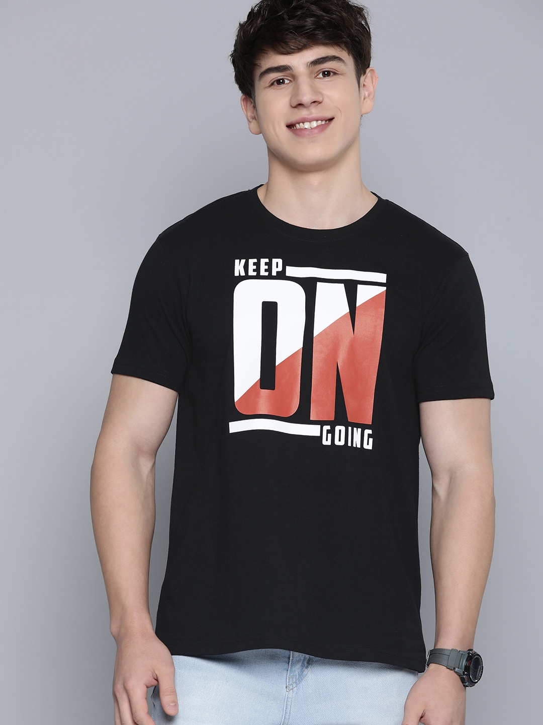 

HERE&NOW Men Typography Printed Round Neck T-shirt, Black