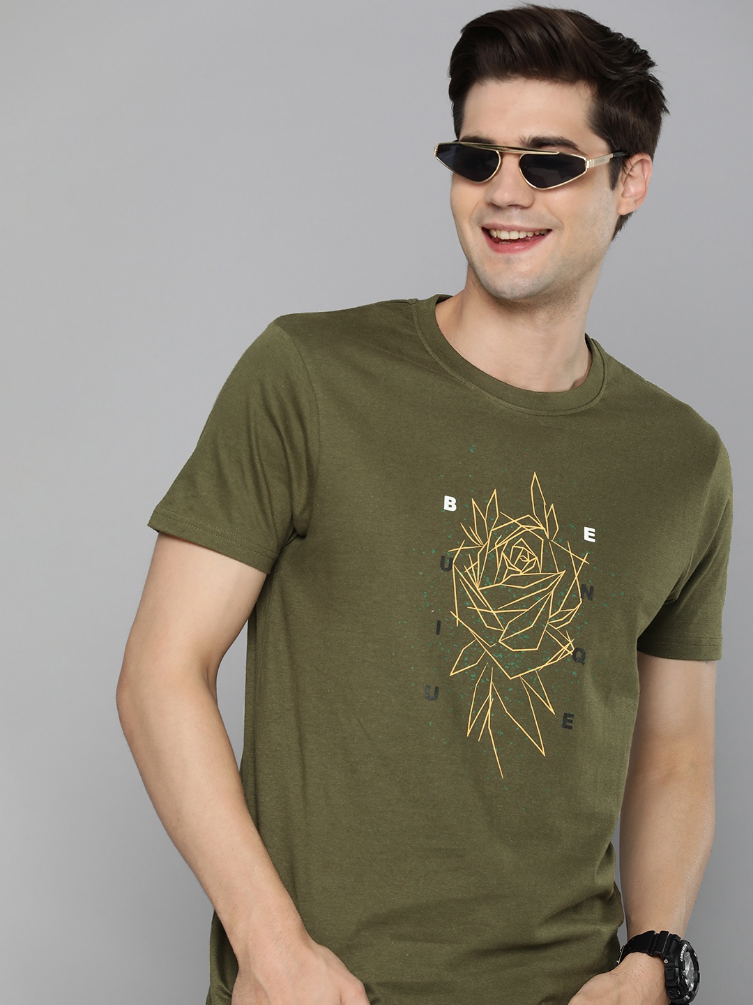 

HERE&NOW Men Pure Cotton Floral Printed Round Neck T-shirt, Olive