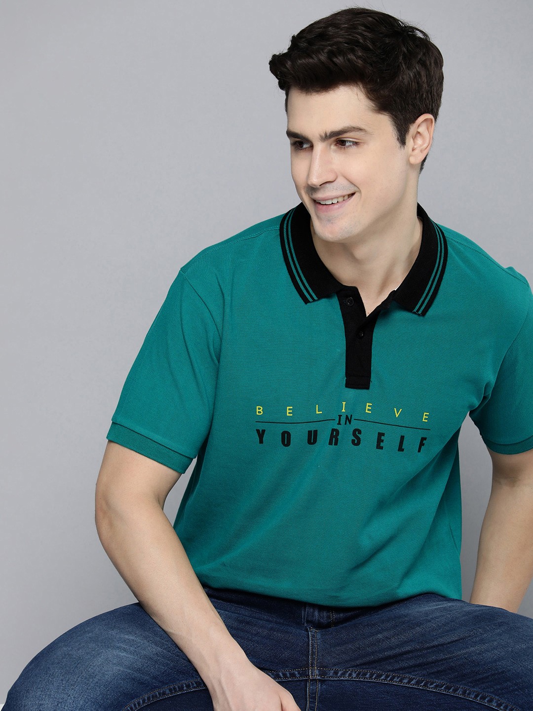 

HERE&NOW Men Typography Printed Polo Collar Pure Cotton T-shirt, Teal
