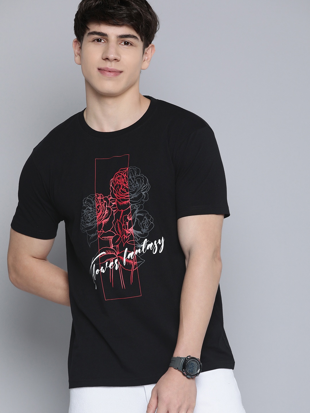 

HERE&NOW Men Graphic Printed Round Neck T-shirt, Black