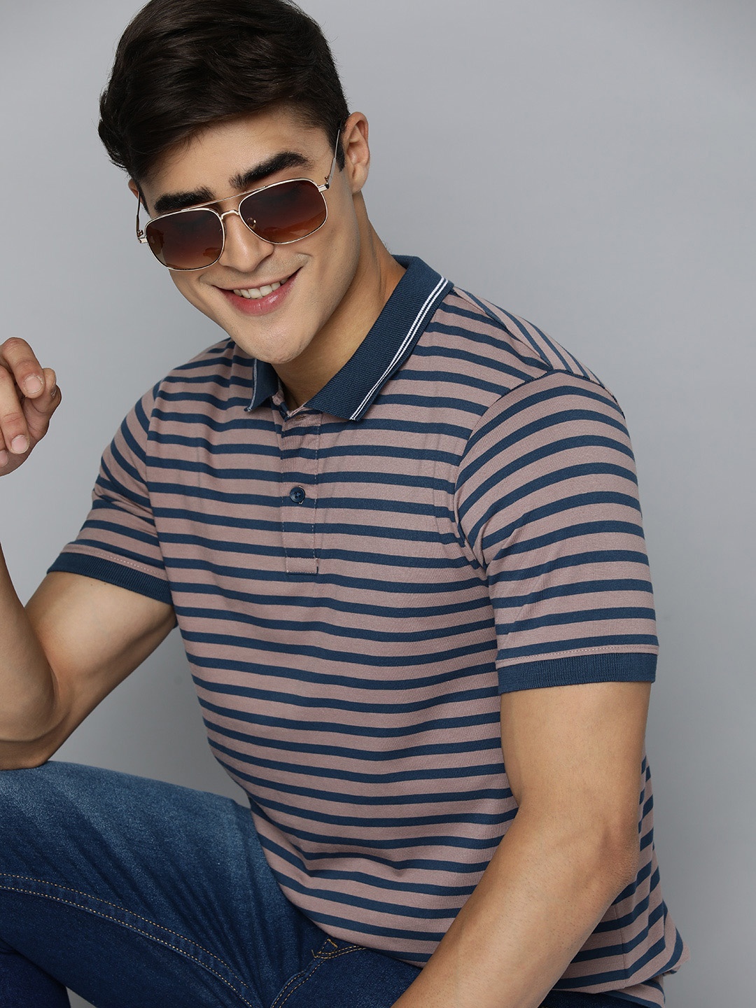 

HERE&NOW Striped Polo Collar T-shirt, Blue