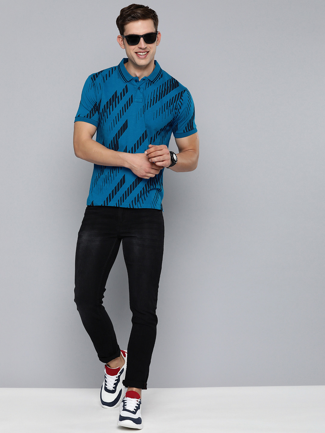 

HERE&NOW Printed Polo Collar Pure Cotton T-shirt, Blue