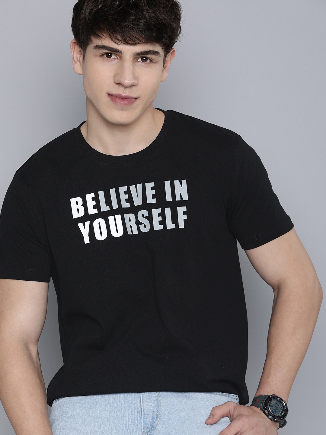 

HERE&NOW Men Typography Printed Round Neck T-shirt, Black