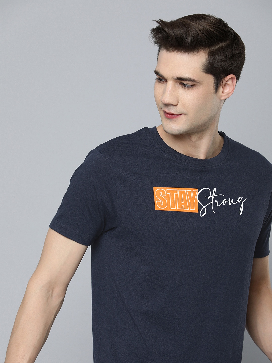 

HERE&NOW Men Typography Printed Round Neck T-shirt, Navy blue