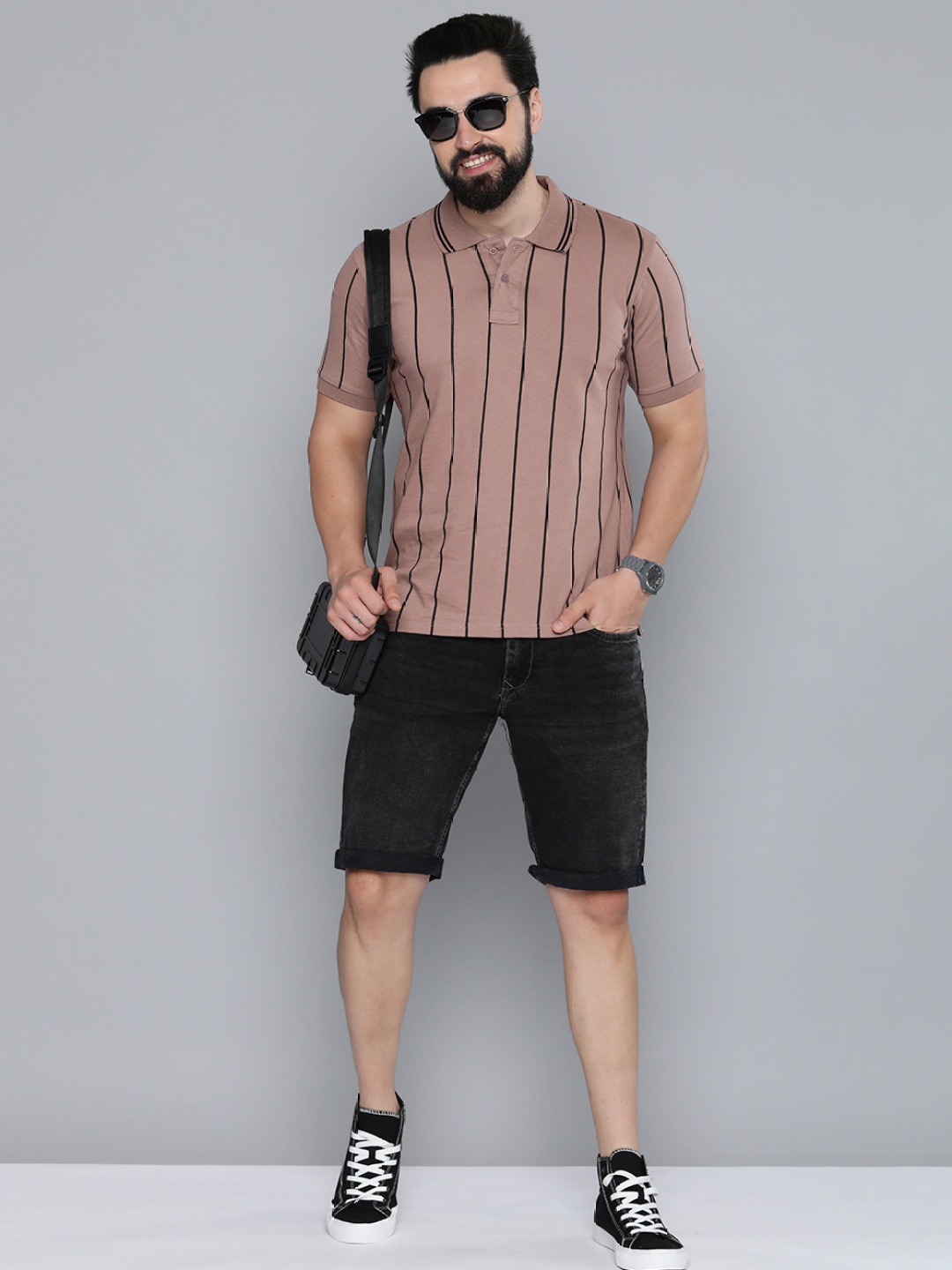 

HERE&NOW Striped Polo Collar Pure Cotton T-shirt, Mauve