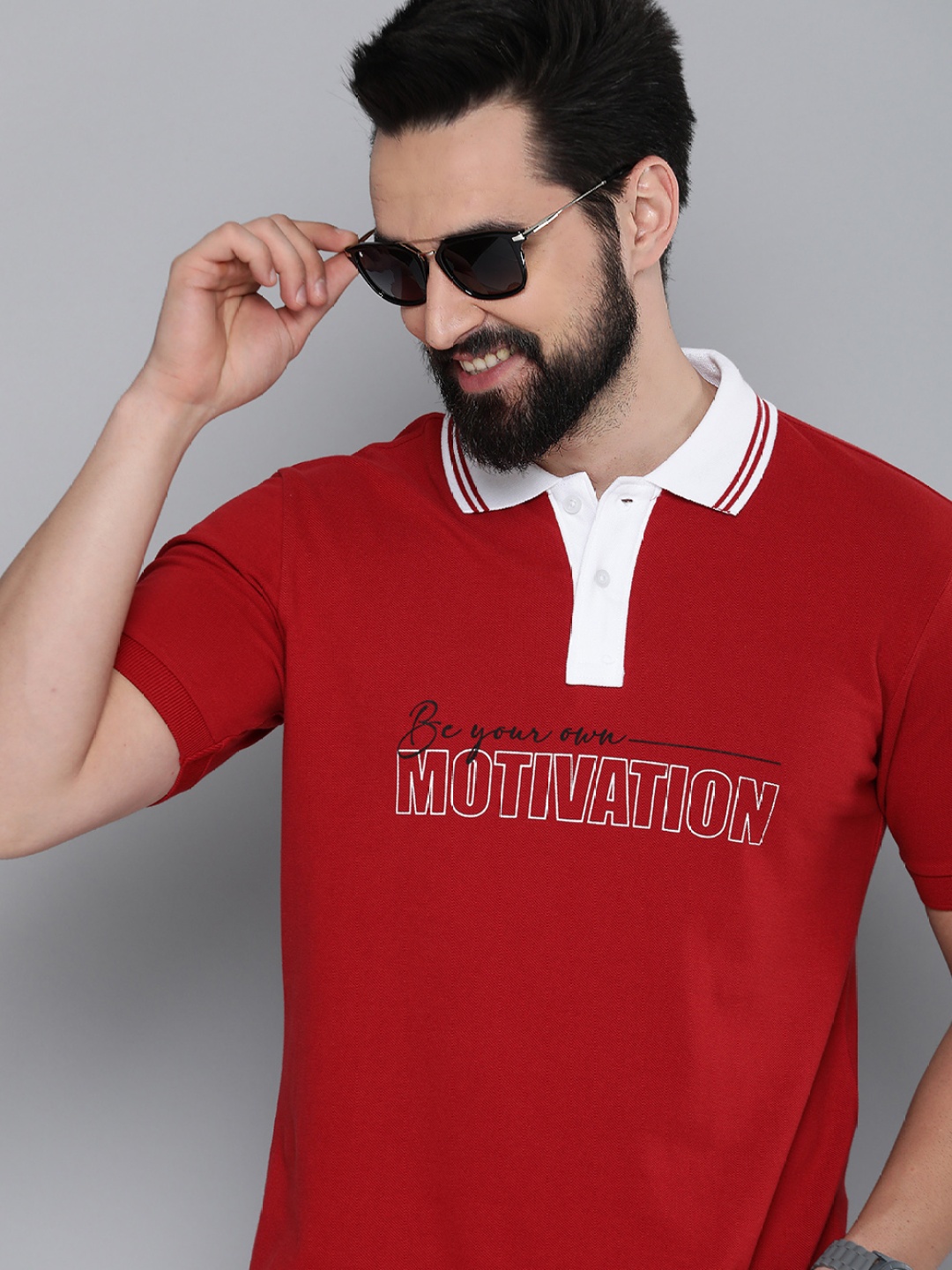 

HERE&NOW Typography Printed Polo Collar Pure Cotton T-shirt, Red