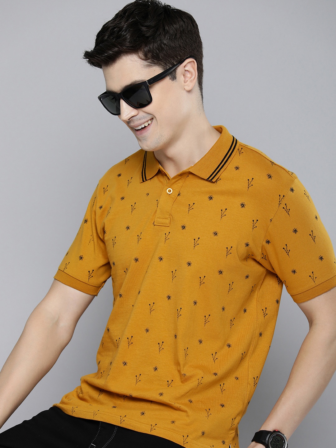 

HERE&NOW Floral Printed Polo Collar Pure Cotton T-shirt, Mustard