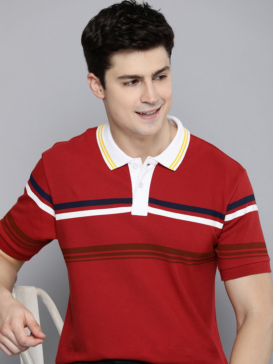 

HERE&NOW Men Striped Polo Collar Pure Cotton T-shirt, Red