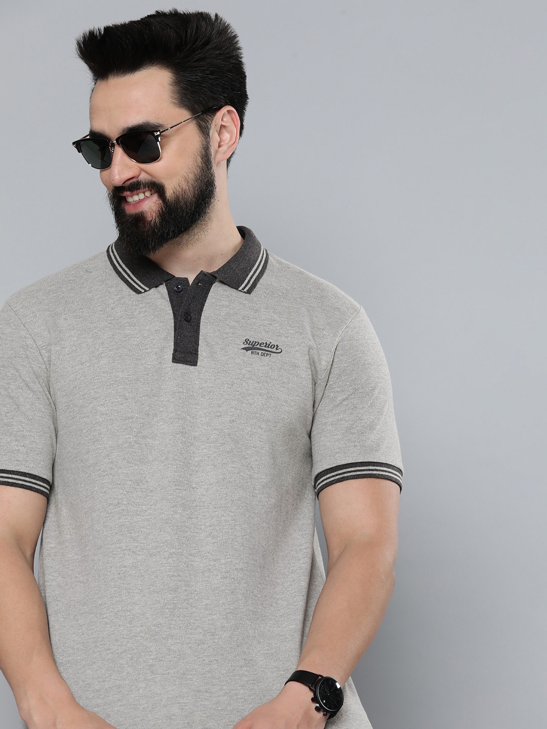 

HERE&NOW Typography Printed Polo Collar Pure Cotton T-shirt, Grey melange