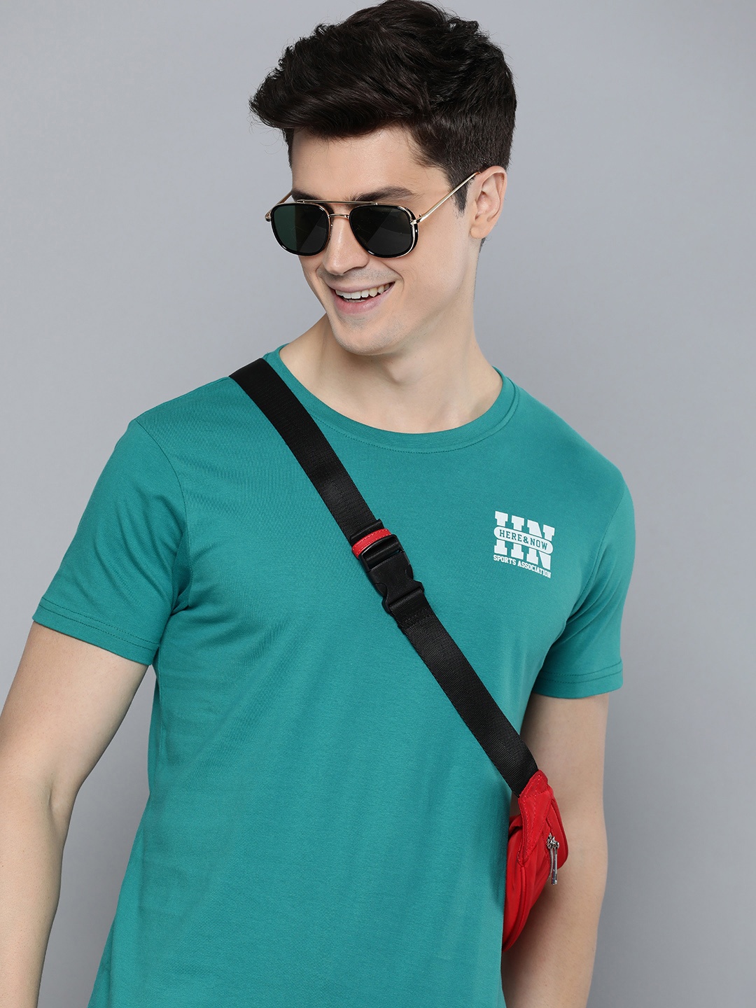 

HERE&NOW Brand Logo Printed Pure Cotton T-shirt, Teal