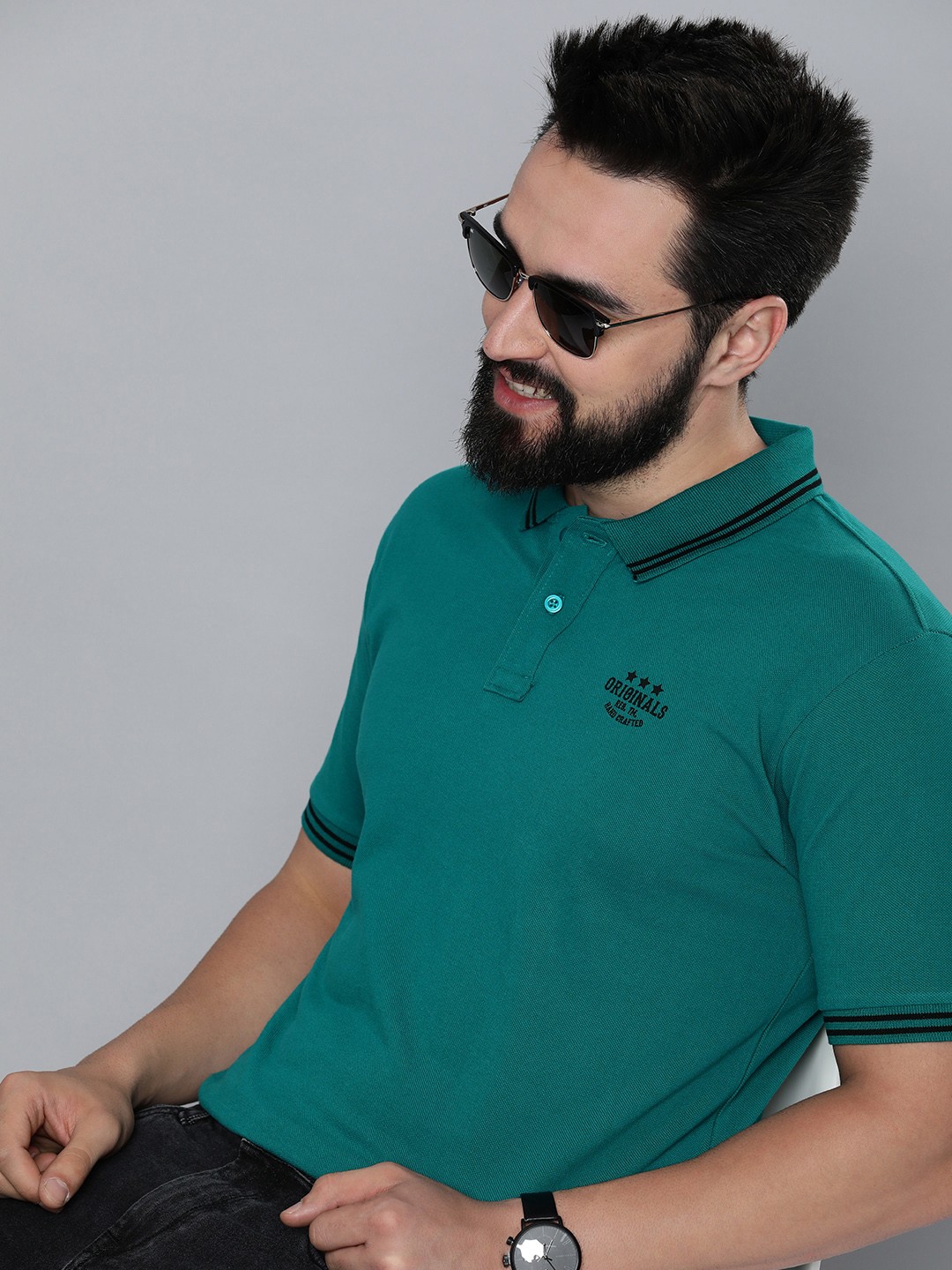 

HERE&NOW Typography Printed Polo Collar Pure Cotton T-shirt, Teal