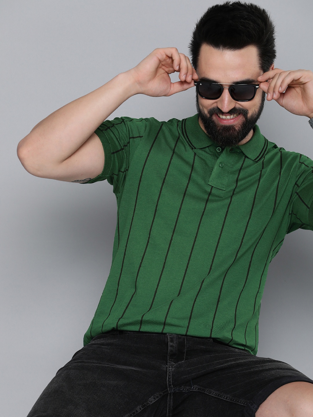 

HERE&NOW Striped Polo Collar Pure Cotton T-shirt, Green