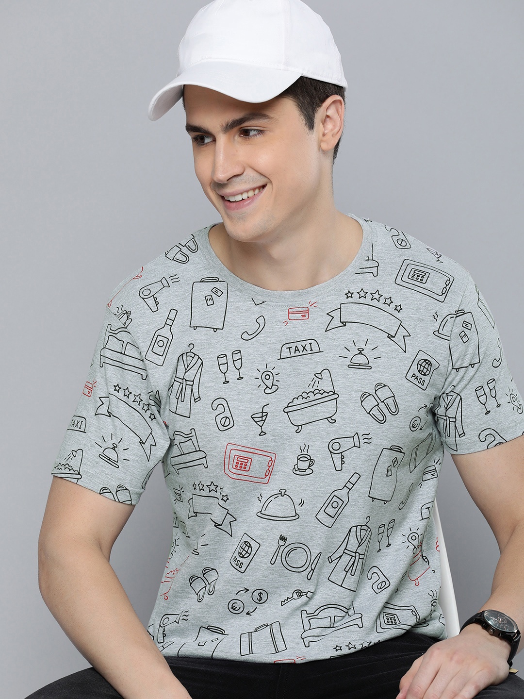 

HERE&NOW Graphic Printed Round-Neck Casual T-shirt, Grey melange