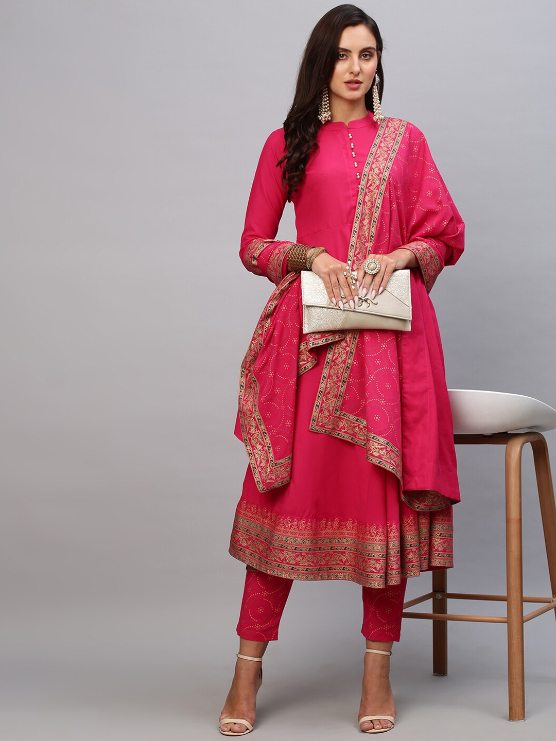 

GoSriKi Women Ethnic Motifs Printed Anarkali Kurta with Trousers & Dupatta, Pink