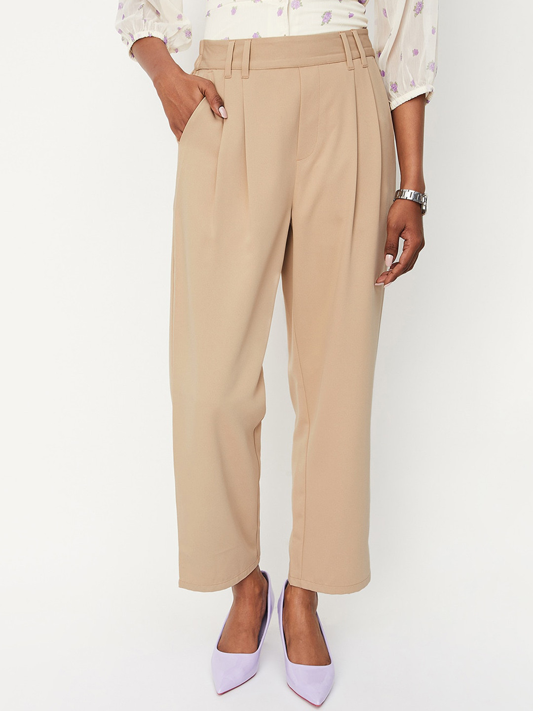 

max Women Mid-Rise Pleated Trousers, Brown