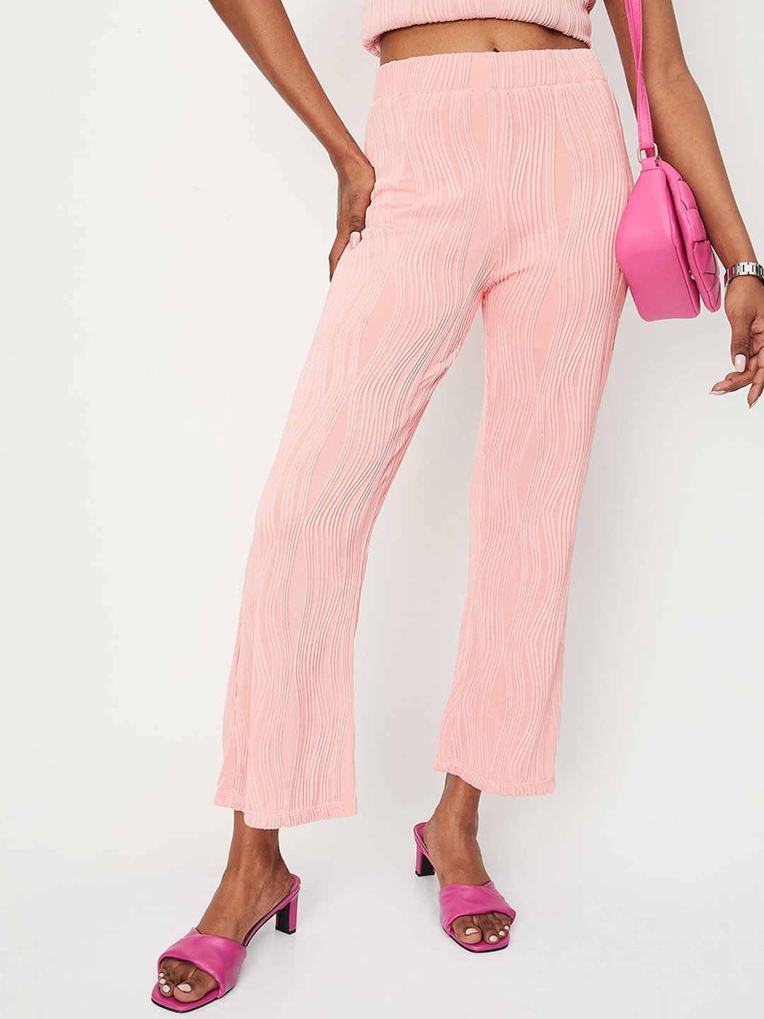 

max Women Self Design Straight Fit Trousers, Pink