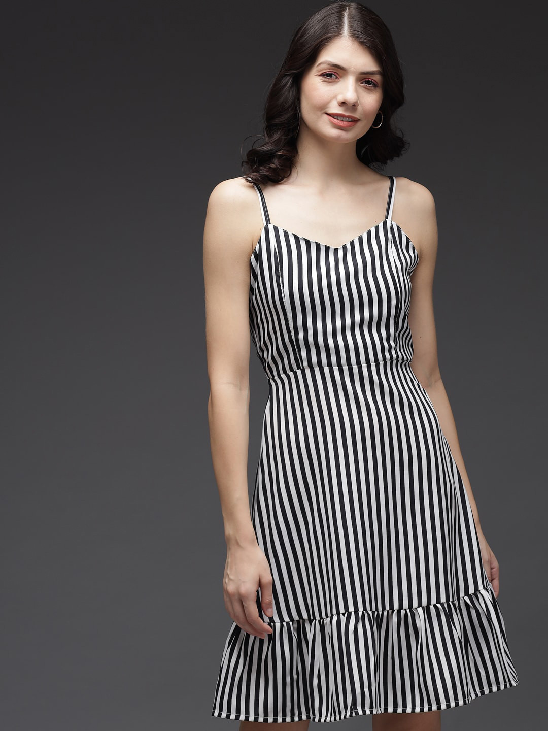 

Darzi Striped Shoulder Strap A-Line Dress, Black